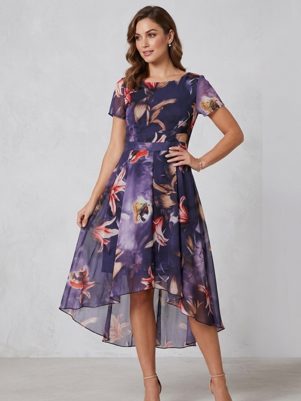 HuiMei Flared Dress size M New with Tags Asymmetric Hem Summer Chiffon Floral
